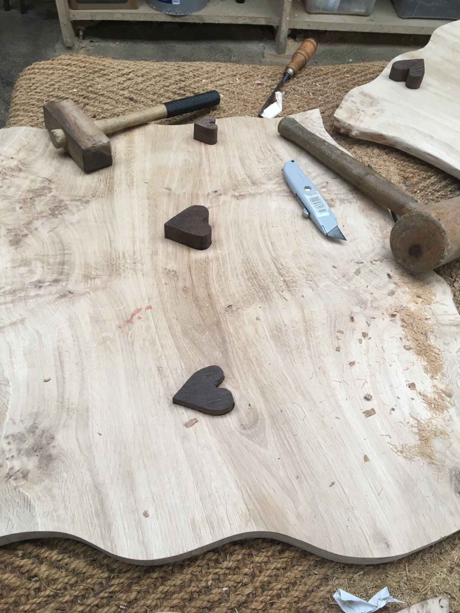 Woodworking tools and handmade wooden hearts